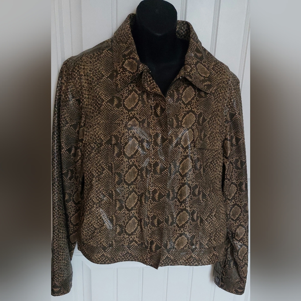 Fu Da Sport Feaux Snakeskin Jacket Coat, Brown, Womens Size L